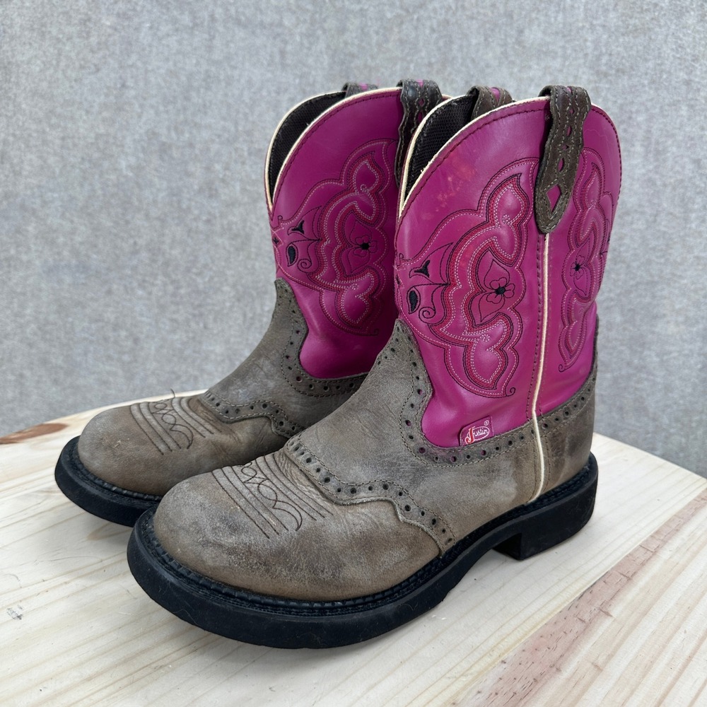 Justin Gypsy Cowboy Boots Womens 9 Brown Pink Distressed Leather Cowgirl Western